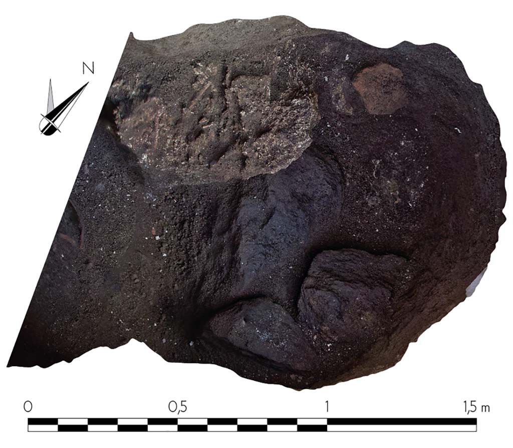 Fig. 23 – Pompéi, VI 16, 6. Construction de moellons tenus à l’argile dans la fosse « rituelle ». Relevé photogrammétrique.
Cl. MIBAC/N. Monteix/EFR. Licence creative commons, © CC BY-NC-SA.
