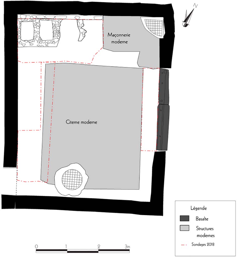 Fig. 21  Pompi, VI 16, 6. Plan des principaux vestiges mis au jour pendant la campagne 2018. 
Relev, dessin : S. Aho, E. Le Qur, F. Fouriaux/EFR. Licence creative commons,  CC BY-NC-SA.
