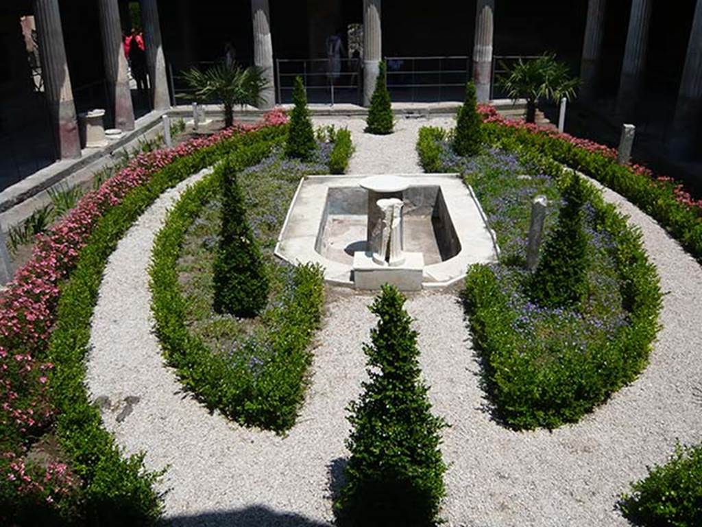 VI.16.7 Pompeii. June 2013. Looking east across peristyle garden "F" after recent restoration. Photo courtesy Buzz Ferebee.