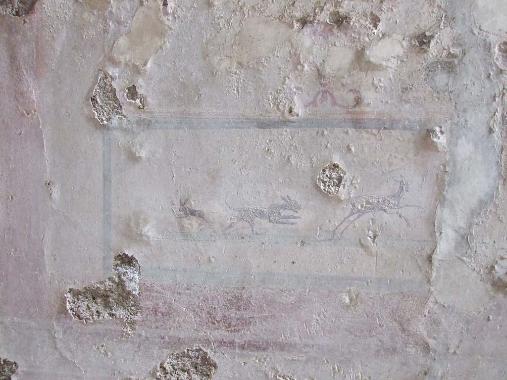 VI.16.15 Pompeii. December 2006. North wall of small tablinum D, showing detail of wall painting of hunt.