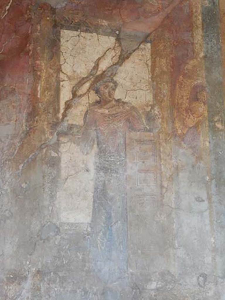 VI.16.15 Pompeii. May 2015. Detail of wall painting of woman with patera, making an offering. From south end of upper west wall of atrium B.  Photo courtesy of Buzz Ferebee.
