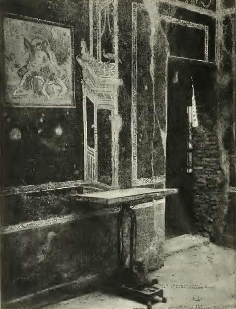 VI.16.15 Pompeii. 14 Oct 1904. North wall of room G, and doorway to south-west corner of atrium.   
NdS 14 ott 1904, VI, xvi, 15, G; 
“Nel medesimo ambiente e propriamente a destra dell’ingresso si rinvenne nel giorno 14 ottobre 1904 il bel tavolo di marmo con cornice e piede di bronzo, pub¬blicato e illustrato dall’ispettore dott. G. Spano (Rendic. della R. Accad. dei Lincei, vol. XIV, fasc. 8°, 1905, pag. 215 sgg.).” (MN 130860)
See Notizie degli Scavi di Antichità, 14th Oct 1904, VI, xvi, 15, G; 
"In the same room and immediately to the right of the entrance was found on October 14th 1904 the beautiful marble table with bronze frame and foot, published and illustrated by the inspector dott. G. Spano (Rendic. of the R. Accad. of the Linceis, vol. XIV, fasc. 8°, 1905, pag. 215 sggs.)." (MN 130860)
See Notizie degli Scavi di Antichità, 1908, (p. 81)
See Spano G., in Rendiconti della Reale Accademia. dei Lincei, vol. XIV, fasc. 8°, 1905, pag. 215-227, figs 1-3.
Our thanks to Raffaele Prisciandaro for locating these references for us.

