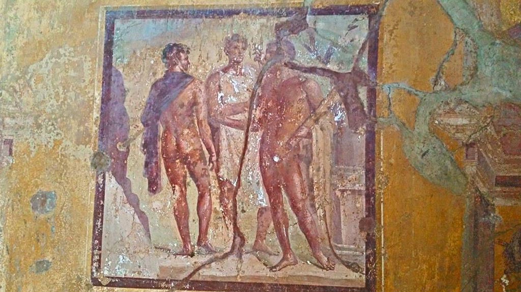 VI.16.15 Pompeii. 2015/2016.
East wall of room G with central wall painting from a myth of Hercules. Photo courtesy of Giuseppe Ciaramella.
