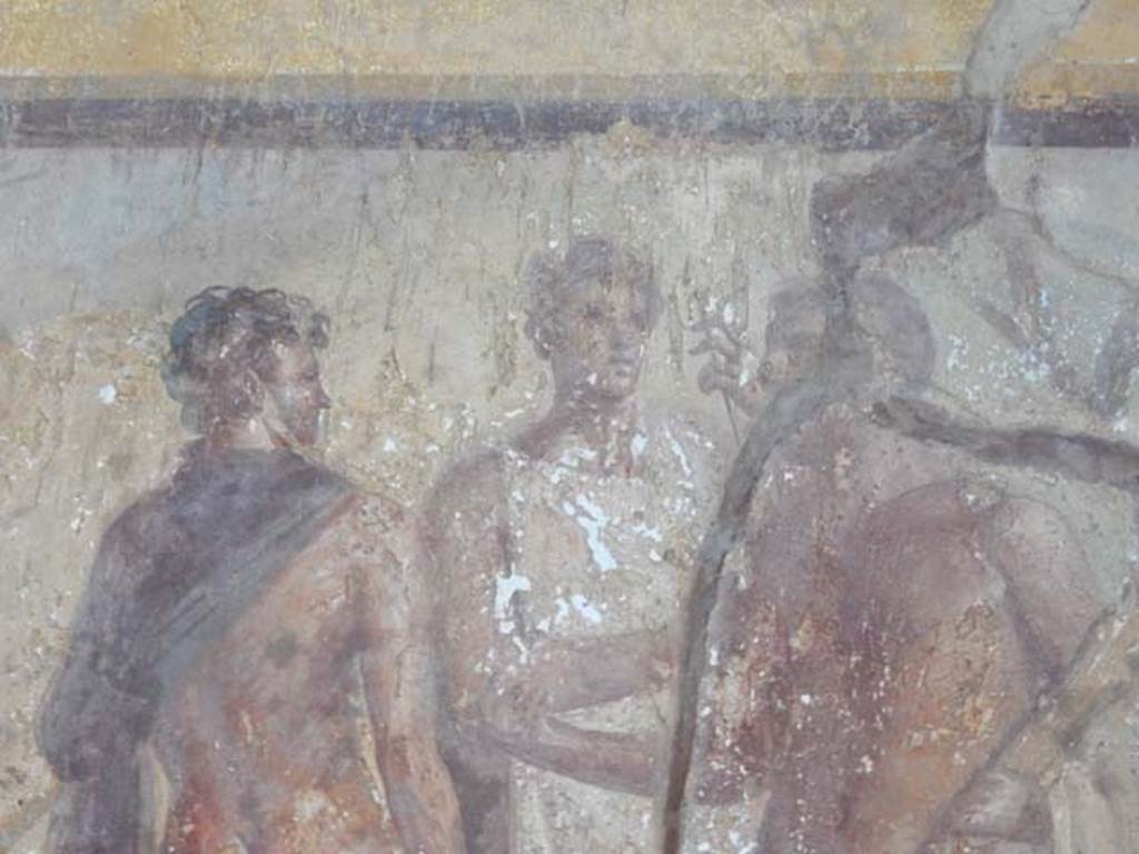 VI.16.15 Pompeii. May 2015. Room G, detail from central wall painting of myth of Hercules. Photo courtesy of Buzz Ferebee.
