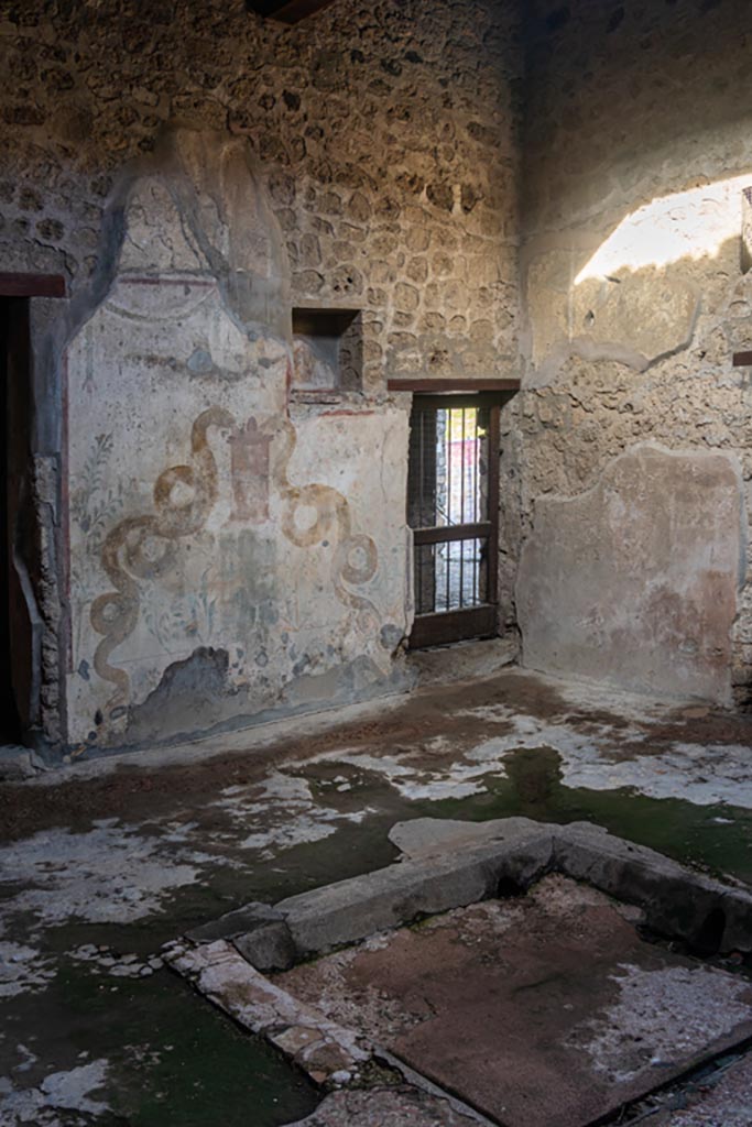 VI.16.15 Pompeii. January 2024. Lararium on north wall and north-east corner. Photo courtesy of Johannes Eber.