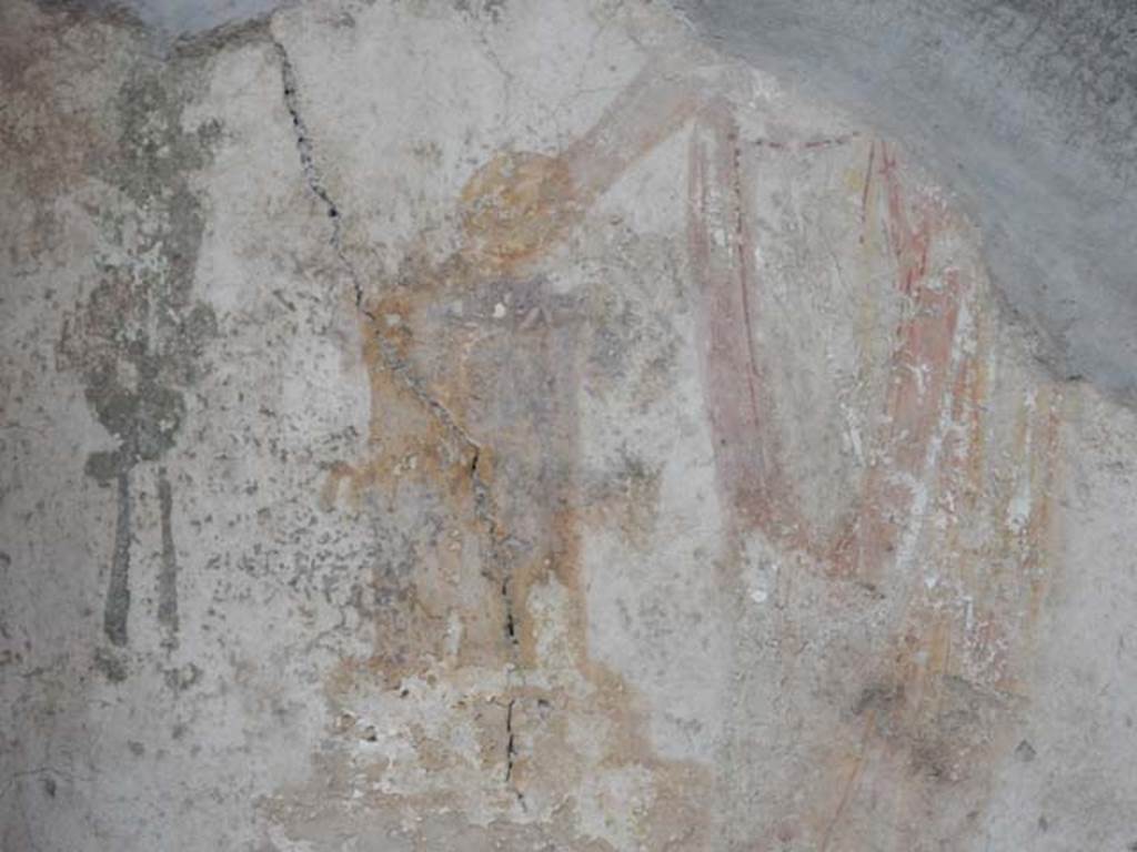 VI.16.15 Pompeii. May 2015. Detail of remains of lararium painting from niche on north wall of atrium.  Photo courtesy of Buzz Ferebee.
