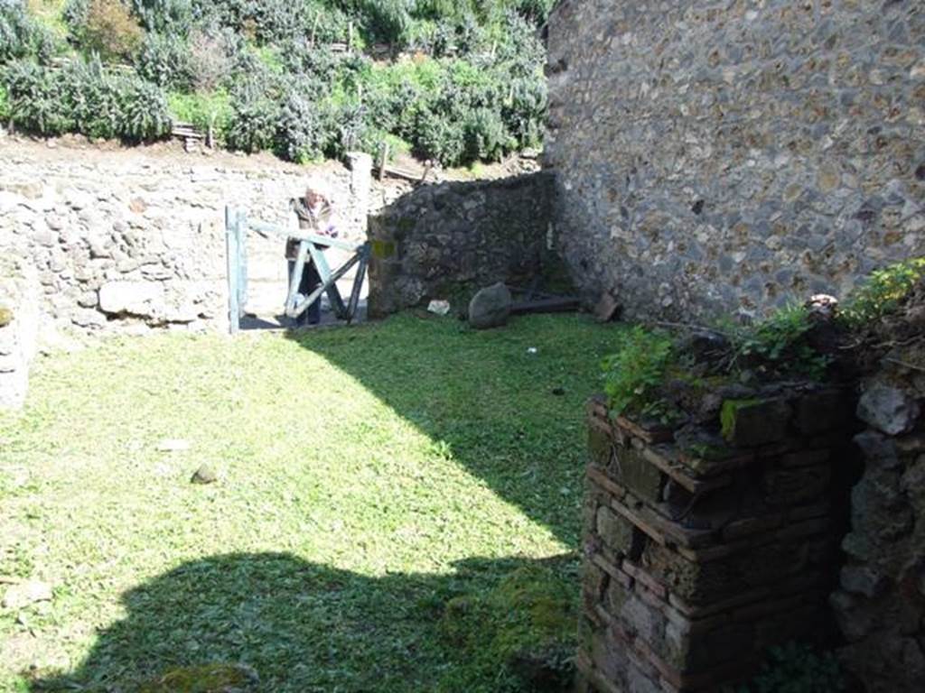 VI.16.18 Pompeii. March 2009. Looking east towards entrance, from doorway of rear room. On the left of the entrance, (but on the right side of this photo) according to Eschebach was a hearth and latrine. See Eschebach, L., 1993. Gebudeverzeichnis und Stadtplan der antiken Stadt Pompeji. Kln: Bhlau. (p.228). In NdS it said that a big hearth was in the north-east corner of the atrium room. The latrine was in the south-east corner. See Notizie degli Scavi di Antichit, 1908, (p.180).
