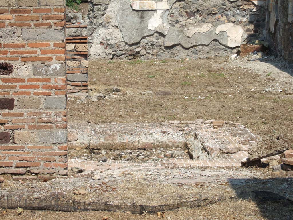 VI.16.26 Pompeii. May 2006. Looking east across impluvium in atrium.
According to NdS, the square shaped impluvium had its base covered with Opus signinum with numerous pieces of marble randomly buried into it.
The sides were covered with plaster (intonaco laterizio) and a wide border of cocciopesto with a lovely design of meander made with white tesserae.  
The atrium floor was of cocciopesto.
