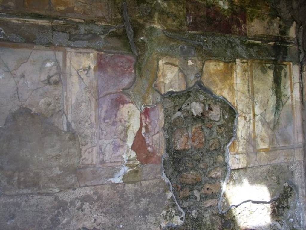 VI.16.27 Pompeii. March 2009. Room N north wall. According to NdS, the wall decoration was of the first style.  In the main part of the walls were large rectangular areas arranged vertically, painted in imitation of coloured marble. Above, at the top, were other areas where the decoration was arranged horizontally. See Notizie degli Scavi, 1908, (p.191)
