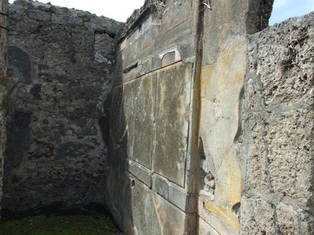 VI.16.27 Pompeii. March 2009. Room D, north wall of small room. According to NdS, well-preserved on the north wall was the painted decoration in the first style. In its main area, it had yellow protruding ashlars.
