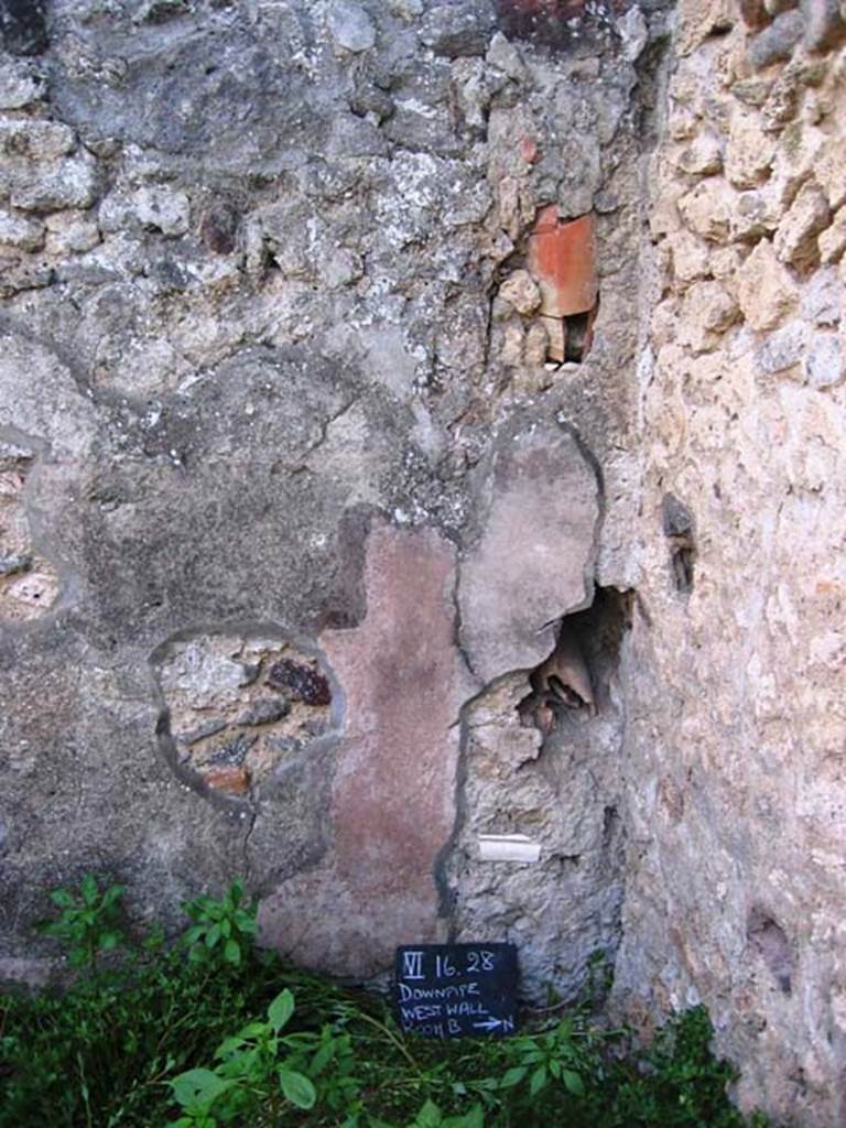 VI.16.28 Pompeii. July 2008. Looking towards west wall in north-west corner of room B, with downpipe. Photo courtesy of Barry Hobson.