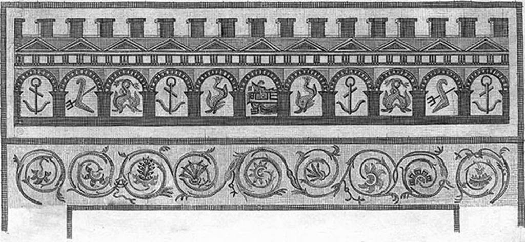 VI 17.10 Pompeii. 1843 drawing of mosaic with doors with sea features, similar to description by La Vega. 
The doors are in the sequence given by La Vega but an extra door with anchor on each end gives 11 rather than 9 doors.
There is no description given in Raccolta 1843 to indicate where it may be from and the plates are unnumbered.
It may be the second similar mosaic mentioned or may not be from this house.
See Raccolta delle pui interessanti Dipinture e di pui belli Musaici, 1843. 
According to Allroggen-Bedel, in La Vega’s room 8, between the 7th and 14th November, 3 paintings were excavated and cut out showing the prows of boats.
Two similar mosaics with boats were found in the same house as the paintings.  
La Vega described mosaic thresholds as coming from room 2 and room 7, where under arches, ships prows and other sea-faring attributes could be seen.
The mosaic thresholds, (approximately 3.56m x 0.97m) composed of white, black, yellow, red and green, showing architecture of  9 doors in which you could observe the following -
In the first door - a trident, 
in the 2nd - dolphins, 
in the 3rd - an anchor, 
in the 4th - one dolphin, 
in the 5th - a stern of a ship with rudder, 
in the 6th - another dolphin, 
in the 7th - another anchor, 
the 8th is not specified, 
in the 9th - a rudder and a trident.
(both mosaics are now set in the floor of the Naples Museum, in the pinacoteca, sala 4.)
See Allroggen-Bedel - Die malereien aus dem Haus Insula Occidentalis 10, (page 163-5).
(Note; now on display in Room CXXXIV, First Floor, “Magna Grecia” Gallery, and provenanced as being from Villa of Diomedes).