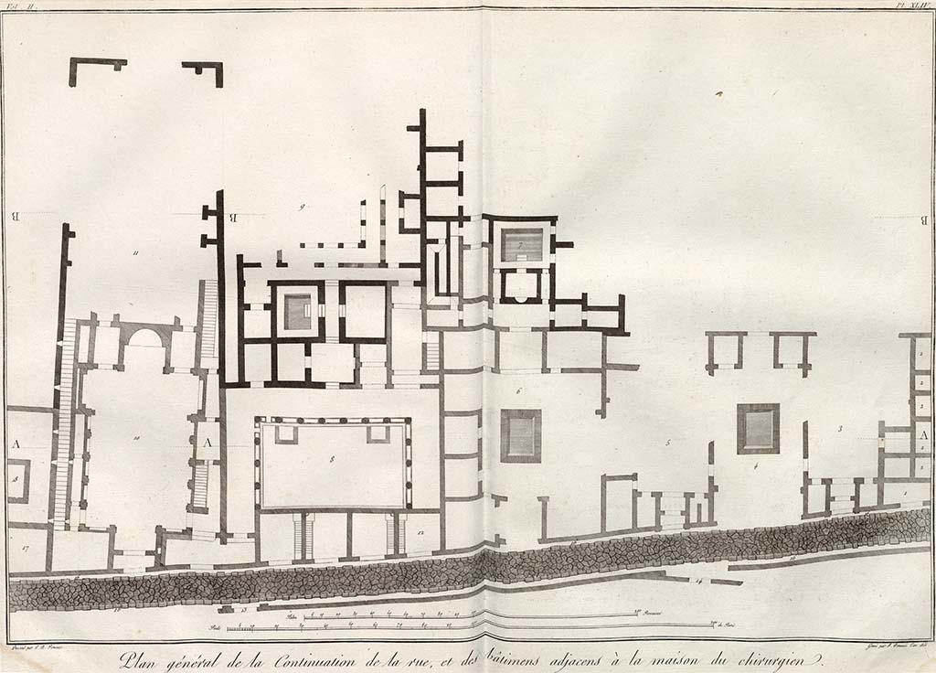 According to Piranesi, this plan shows:
“Plan général de la continuation de la rue, et des bâtimens adjacens a la maison du chirurgien.”
See Piranesi, F, 1804. Antiquités de la Grande Grèce : Tome II. Paris : Piranesi and Le Blanc, pl. XLIV.

Translating as –
“General plan of the continuation of the street, and the buildings adjacent to the Surgeon's house”. 
(The House of the Surgeon in relation to the plan above would be situated to the north (right) of these buildings, on the opposite side of the roadway to the letter A, (on right of plan).

The entrance to atrium at VI.17.13 is marked 3. This joined with atrium 3, 5 and 6 would show the House of the Three Atriums.
Atrium 4 does not seem to exist in reality but may be showing the atrium marked 3 in the wrong location and should be superimposed above 3.
The entrance to atrium 5 must be VI.17.16.
The entrance to atrium 6 must be VI.17.17.
On the left of the plan are the entrances at VI.17.25, and 24, leading to the street-level peristyle by VI.17.23. 
VI.17.25 seems to be described as a “Basilica”, presumably as it was found with no rooms at the sides of the atrium.
In one of his plans, he shows columns on either side of the centre of the atrium, as would be seen in a Basilica, as seen at VIII.1.1.
The lower No.13 would appear to be VI.2.4.
The lower No.14 would appear to be VI.2.7.

