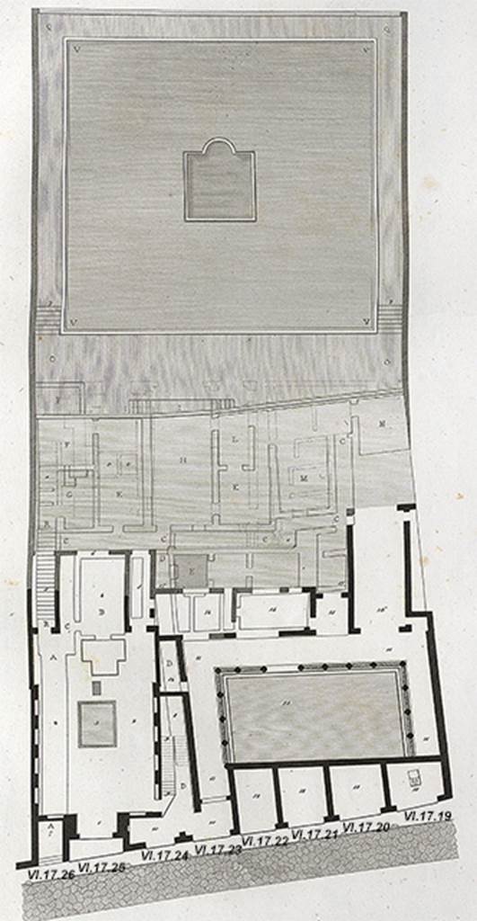 VI.17.24 Pompeii. Plan after Mazois, showing from left to right entrances VI.17.26, 25, 24, 23, 22, 21, 20, 19.
See Mazois, F., 1824. Les Ruines de Pompei: Second Partie. Paris: Firmin Didot. (p. 72, Pl. XXX)

According to Fiorelli  the dwelling at VI.17.23/25 had six shops attached to it, along the Via Consolare.
See Pappalardo, U., 2001. La Descrizione di Pompei per Giuseppe Fiorelli (1875). Napoli: Massa Editore, p. 159.
