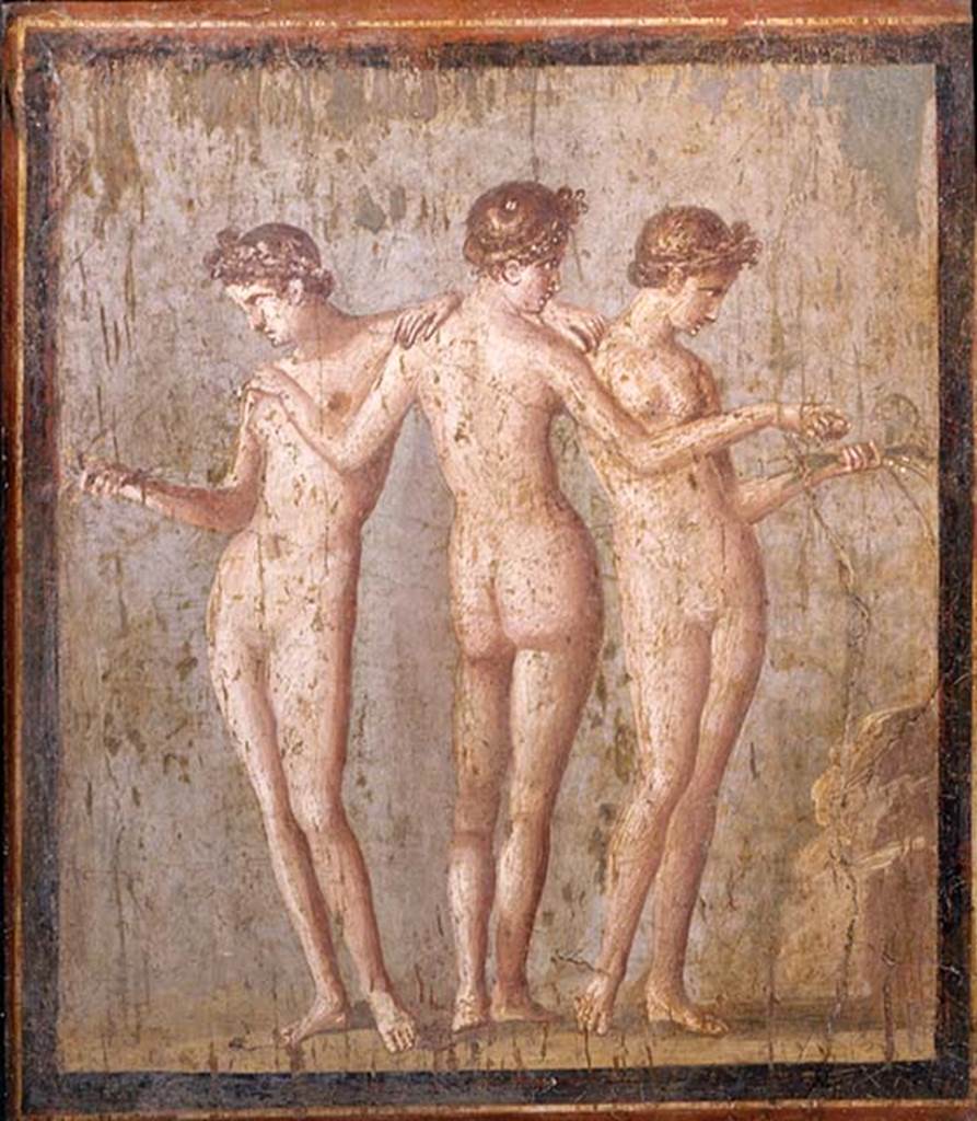 VI.17.31 Pompeii. Found on 12 July 1760. Painting of the three graces.
This was found in VI Ins Occ and may have been from one of VI.17.31-36.
Now in Naples Archaeological Museum.  Inventory number 9231.
See Pagano, M. and Prisciandaro, R., 2006. Studio sulle provenienze degli oggetti rinvenuti negli scavi borbonici del regno di Napoli.  Naples: Nicola Longobardi, p. 35.
See Antichit di Ercolano: Tomo Terzo, 1762, p. 57-61, pl. 11.
According to Mattusch, this may be from VI.17.west: 31?
See Mattusch C., 2008. Pompeii and the Roman Villa. Thames and Hudson, p. 243.
