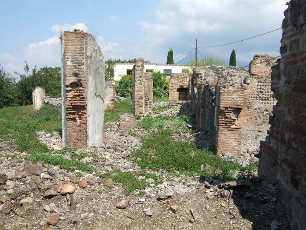 VI.17.32 Pompeii. May 2006. Looking north along remains of east side of rear peristyle area, taken from VI.17.41.
According to Jashemski, steps at each entrance (VI.17.32 and 36) led to an atrium: immediately at the rear of these there was a large peristyle garden.
This was enclosed by a portico on 4 sides.  
In the middle of the garden was a pool with a fountain, with little steps leading into the pool, but this was no longer in existence when Breton wrote.
See Jashemski, W. F., 1993. The Gardens of Pompeii, Volume II: Appendices. New York: Caratzas. (p.166 with plan)
See Breton, Ernest. 1870. Pompeia, Guide de visite a Pompei, 3rd ed. Paris, Guerin. (p.266)

According to Pagano 
VI.17.32 and 36. Casa di Giulio Polibio.
Vi si ascende per due ingressi communicanti con due sale o vestibuli, che tengono le veci dellatrio. Tutti e due i vestiboli mettono in un gran peristilio circondato da un portico dordine corinzio, e avente nel mezzo una fontana; sembra che le arcate del portico potessero chiudersi con trlai di vetro.
(translation:
"Here, one ascends to two entrances communicating with two rooms or vestibules, which take the place of the atrium. Both vestibules lead into a great peristyle surrounded by a Corinthian portico, and having a fountain in the middle; it seems that the arches of the portico could have been closed with glass frames."
See Pagano, N. (1868).Guida di Pompei. 2nd ed. (p.58-59)
)
