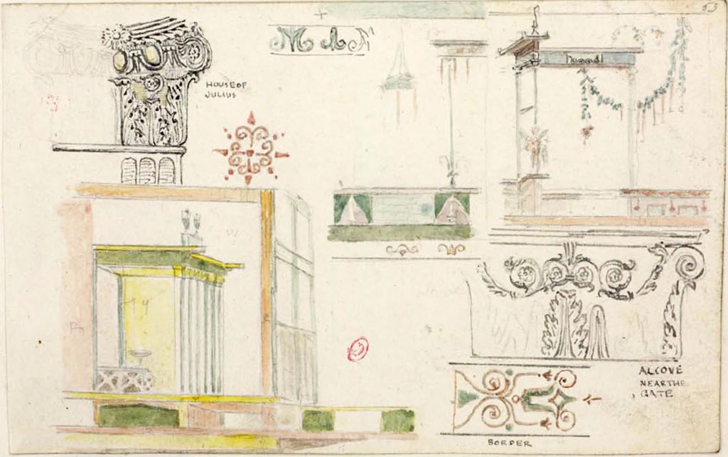 VI.17.36/32 Pompeii. Sketches by Gell, between 1819 and 1832, described as from “House of Julius”.   
See Gell, W. Pompeii unpublished [Dessins de l'édition de 1832 donnant le résultat des fouilles post 1819 (?)] vol II, pl. 88.
Bibliothèque de l'Institut National d'Histoire de l'Art, collections Jacques Doucet, Identifiant numérique Num MS180 (2).
See book in INHA Use Etalab Licence Ouverte
