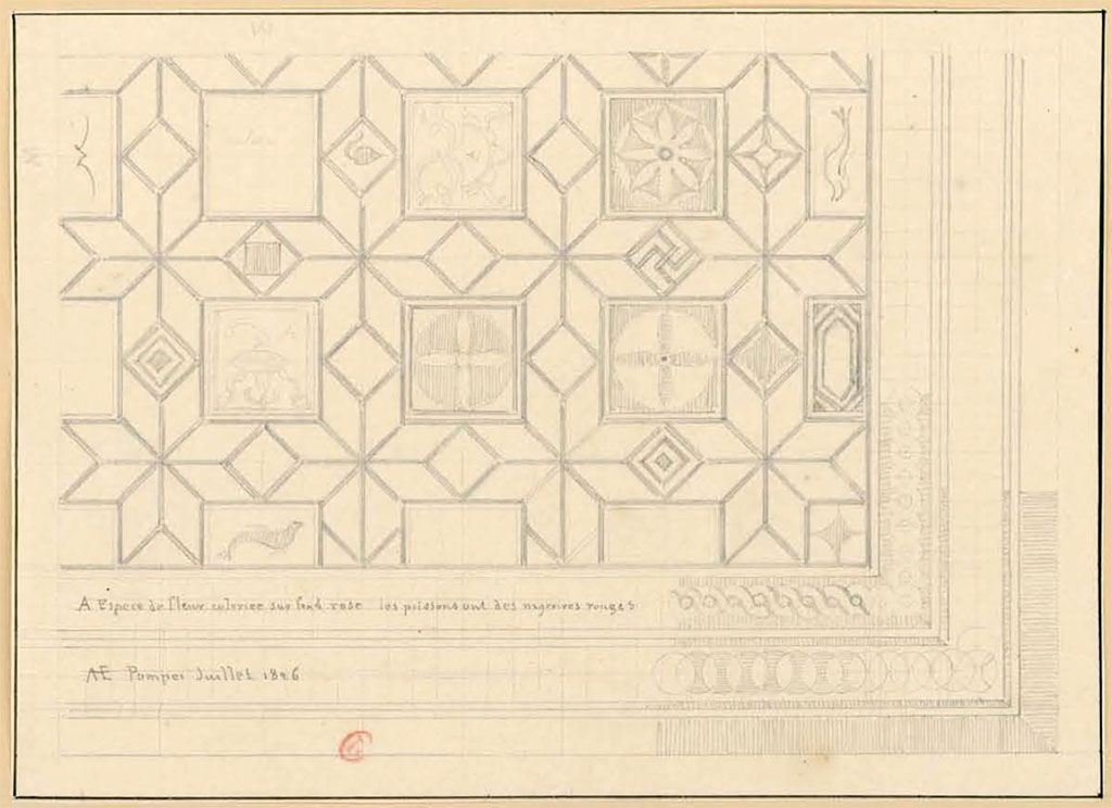 VI.17.36 or VI.17.25, Pompeii. July 1826. Sketch by P.A. Poirot of part of the Acteon mosaic
See Poirot, P. A., 1826. Carnets de dessins de Pierre-Achille Poirot. Tome 2 : Pompeia, pl. 77.
See Book on INHA  Document placé sous « Licence Ouverte / Open Licence » Etalab 
