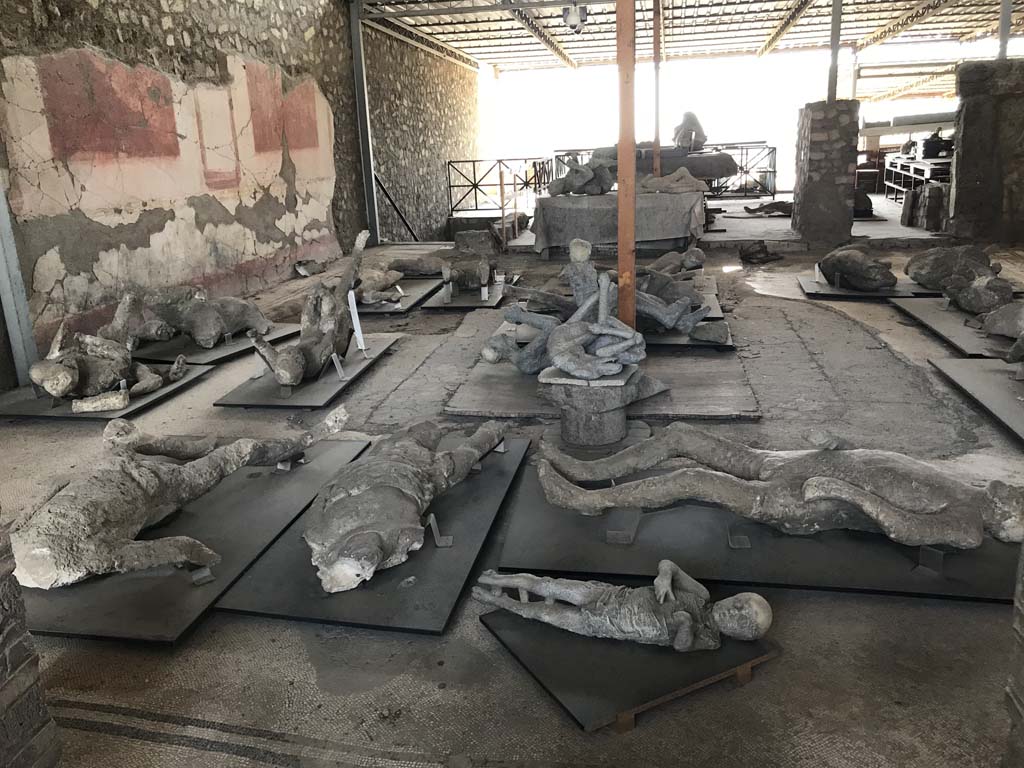 VI.17.42 Pompeii. April 2019. Looking west across atrium, with assortment of body plaster-casts. 
Photo courtesy of Rick Bauer.
