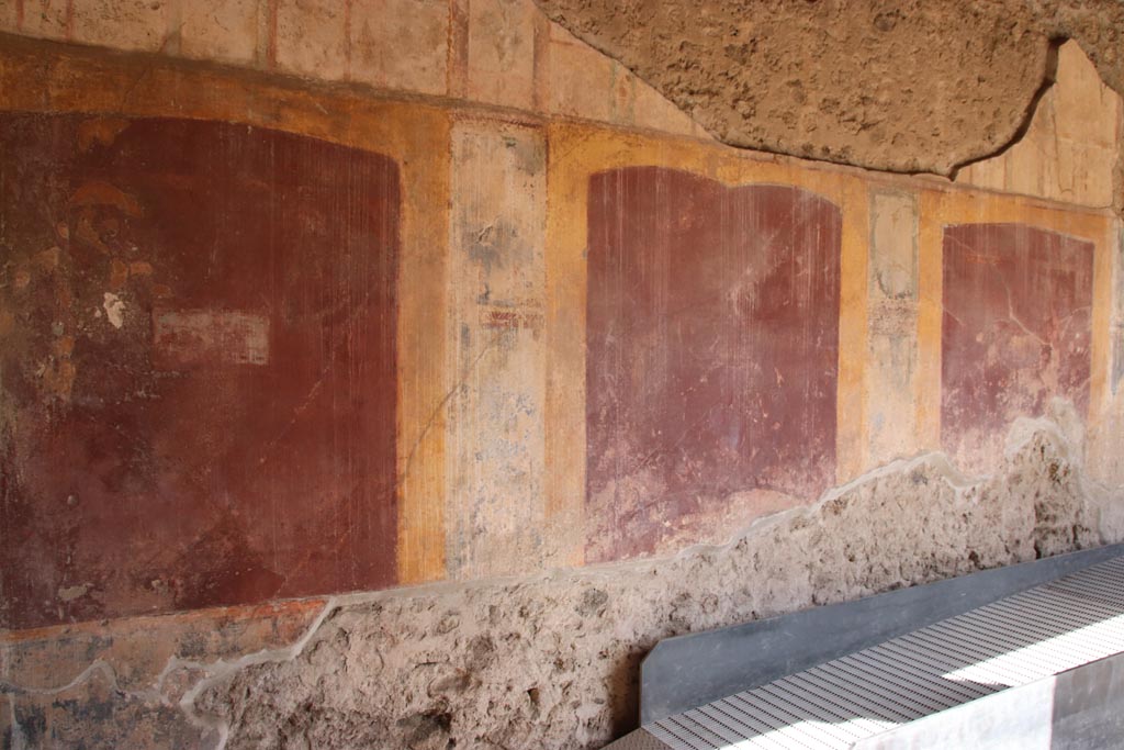 VII.1.8 Pompeii. October 2023. 
Detail of wall and painted plaster in corridor on east side of portico B, at north end. Photo courtesy of Klaus Heese.
