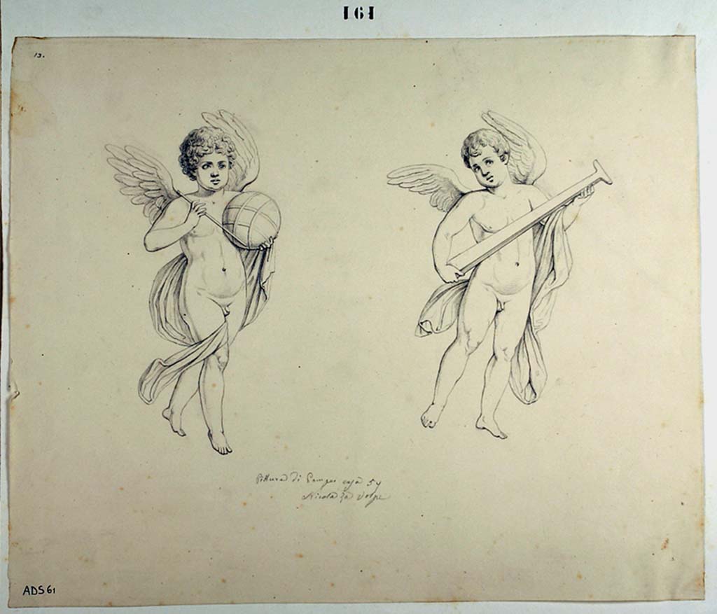 VII.1.25 Pompeii. Drawing of cupids by Nicola La Volpe.
Cupids provenanced from a room no longer identifiable but put here as Fiorelli described the room as containing “many cupids”.
Note: these same drawings have also been included into cubiculum, room 28, as Niccolini said it too contained “flying cupids”.
Now in Naples Archaeological Museum. Inventory number ADS 61.
Photo © ICCD. http://www.catalogo.beniculturali.it
Utilizzabili alle condizioni della licenza Attribuzione - Non commerciale - Condividi allo stesso modo 2.5 Italia (CC BY-NC-SA 2.5 IT)
