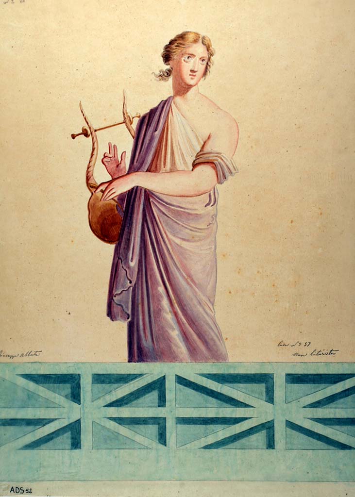 VII.1.47 Pompeii. Copy painting by Giuseppe Abbate, of a female figure with lyre. 
According to Disegnatori, (p. 388 (no.200-201) these may have come from Room 10?
These do have variations from the drawings above but may or may not be from the same room. 
Now in Naples Archaeological Museum. Inventory number ADS 52.
Photo © ICCD. http://www.catalogo.beniculturali.it
Utilizzabili alle condizioni della licenza Attribuzione - Non commerciale - Condividi allo stesso modo 2.5 Italia (CC BY-NC-SA 2.5 IT)
See Carratelli, G. P., 2003. Pompei: La documentazione nell'Opera di disegnatori e pittori dei secoli XVIII e XIX. Roma: Istituto della enciclopedia italiana, p. 388 (no.200-201)
