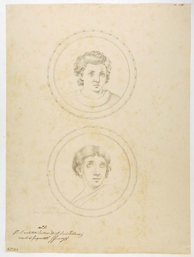 VII.1.25 Pompeii. Cubiculum 34 (?), or no location known. Drawing by Nicola La Volpe, medallions with heads.
Now in Naples Archaeological Museum. Inventory number ADS 516.
Photo © ICCD. http://www.catalogo.beniculturali.it
Utilizzabili alle condizioni della licenza Attribuzione - Non commerciale - Condividi allo stesso modo 2.5 Italia (CC BY-NC-SA 2.5 IT)
