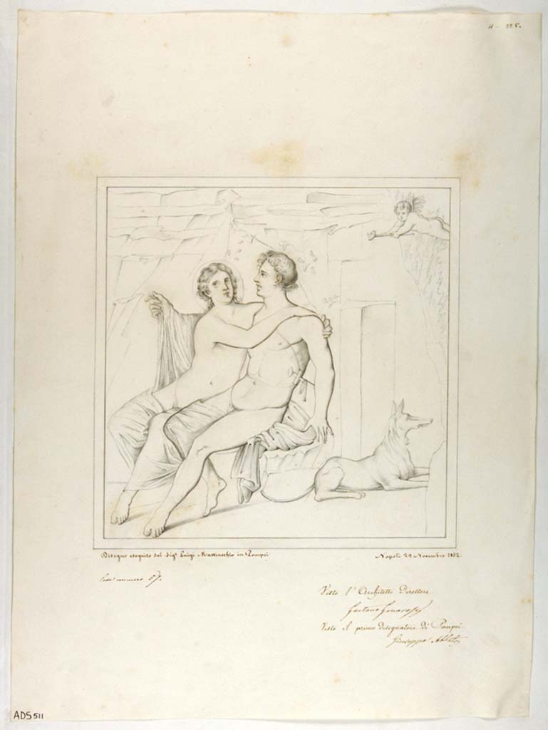 VII.1.25 Pompeii. Room 34, south wall. Drawing by Luigi Mastracchio, of couple and dog.
Now in Naples Archaeological Museum. Inventory number ADS 511.
Photo © ICCD. http://www.catalogo.beniculturali.it
Utilizzabili alle condizioni della licenza Attribuzione - Non commerciale - Condividi allo stesso modo 2.5 Italia (CC BY-NC-SA 2.5 IT)
