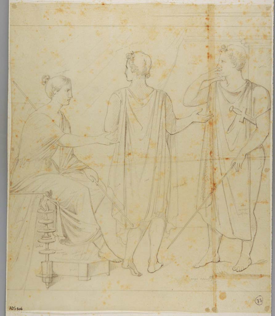 VII.1.25 Pompeii. Room 34, north wall. Drawing by Giuseppe Abbate, of painting of Orestes and Pylades, with Iphigenia.
Now in Naples Archaeological Museum. Inventory number ADS 506.
Photo © ICCD. http://www.catalogo.beniculturali.it
Utilizzabili alle condizioni della licenza Attribuzione - Non commerciale - Condividi allo stesso modo 2.5 Italia (CC BY-NC-SA 2.5 IT)
