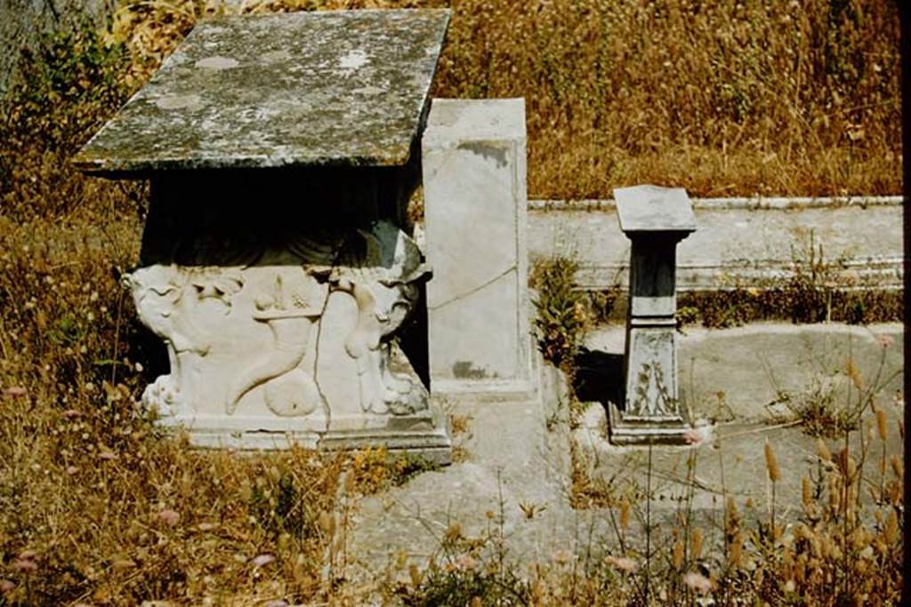 VI.1.25 Pompeii. 1957. Atrium 24. South side of table near impluvium, with podium. Looking north.
According to Breton, there was a marble impluvium, a square cippus of marble, a basin on a small base of marble adorned with large acanthus leaves and a white marble table engraved with the number LXXIX.
See Breton, Ernest. 1855. Pompeia, décrite et dessine: Seconde édition . Paris, Baudry, p. 316.
Photo by Stanley A. Jashemski.
Source: The Wilhelmina and Stanley A. Jashemski archive in the University of Maryland Library, Special Collections (See collection page) and made available under the Creative Commons Attribution-Non-Commercial License v.4. See Licence and use details.
J57f0124

