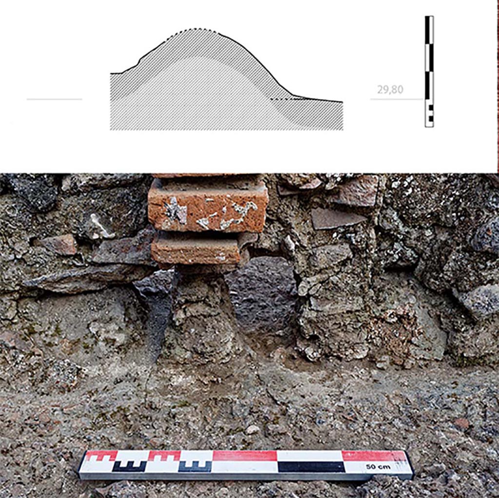 Fig. 16 – Pompéi, boulangerie VII 1, 36-37 – Profil de l’atrium lors de sa seconde phase et vue du nord de la pile de fontaine.
Échelle : 1/10.
L’ensemble a été pris dans un muret successif, lors de la transformation de l’impluvium en bassin pour l’humidification du grain.
Relevé / dessin / cliché : N. Monteix – EFR.
