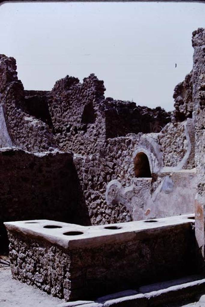 VII.1.39 Pompeii. 1968. Looking south-west towards counter with six terracotta urns.   
Photo by Stanley A. Jashemski.
Source: The Wilhelmina and Stanley A. Jashemski archive in the University of Maryland Library, Special Collections (See collection page) and made available under the Creative Commons Attribution-Non Commercial License v.4. See Licence and use details.
J68f0575
