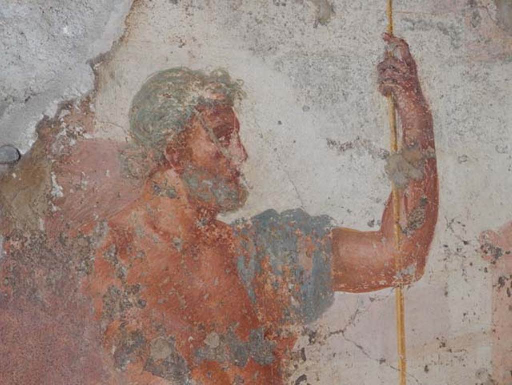 VII.1.47 Pompeii, May 2018. Exedra 10, detail from central painting on west wall. Photo courtesy of Buzz Ferebee.