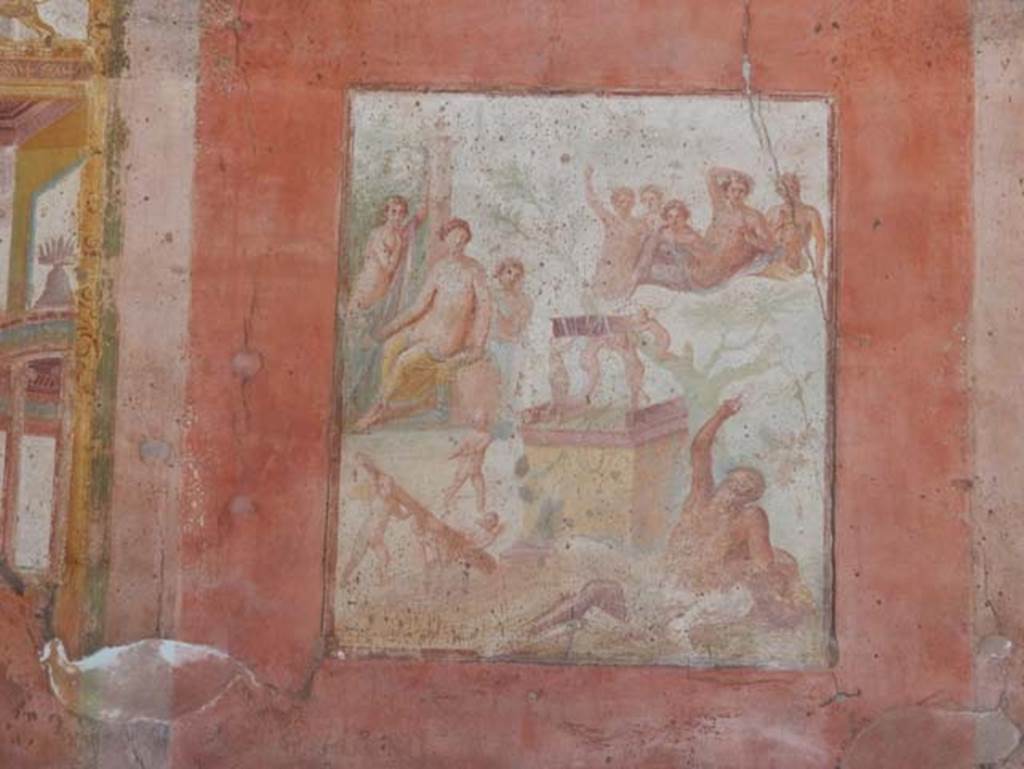 VII.1.47 Pompeii, May 2018. Exedra 10, central wall painting from north wall. Photo courtesy of Buzz Ferebee.