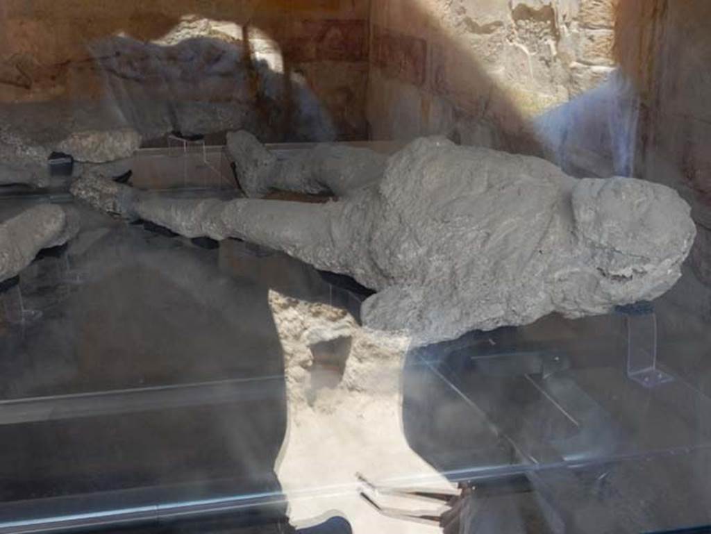 VII.1.47 Pompeii. May 2017. Plaster cast of large, strong male on display in triclinium but found in the Vicolo degli Scheletri. Photo courtesy of Buzz Ferebee.
