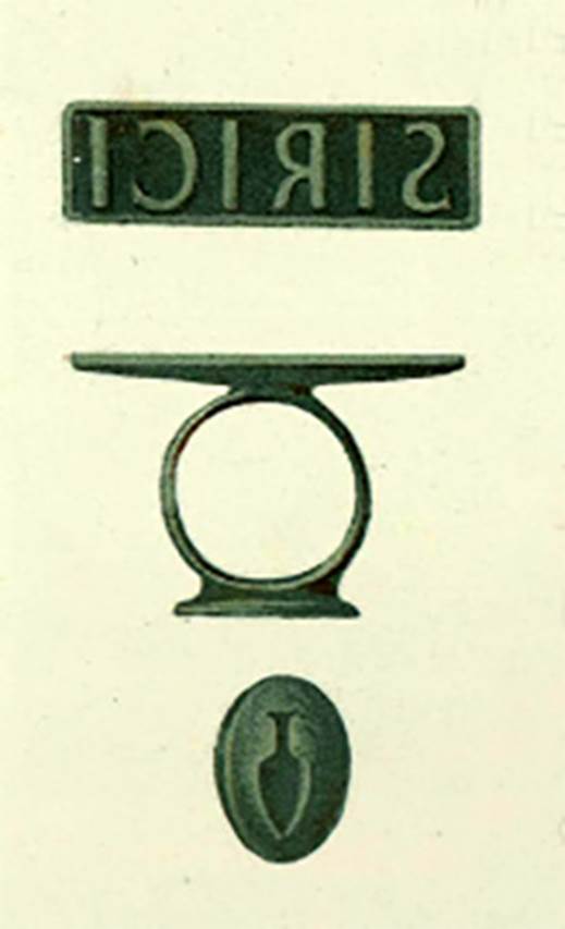 VII.1.47 Pompeii. 1854 drawing of the SIRICI seal found in the tablinum 6 which confirmed the name of the owner. See Niccolini F, 1854. Le case ed i monumenti di Pompei: Volume Primo. Napoli. Casa di Sirico, Tav I, items 19-21.
