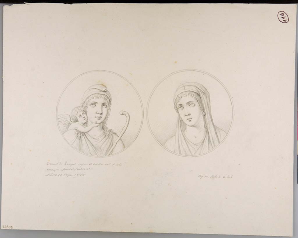 VII.2.6 Pompeii. Drawing by Nicola La Volpe, 1868, of medallions found on a wall in the corridor on the south side of the triclinium.
The medallion on the left is described as Paris with a cupid (Sogl. 557).
The one on the right is described as a female head or a veiled head, or even Helen, (Sogl. 566).
The medallions have now faded and disappeared.
See Sogliano, A., 1879. Le pitture murali campane scoverte negli anni 1867-79. Napoli: Giannini. (See p.105, no.557, and p. 107-8, no.566).
Now in Naples Archaeological Museum. Inventory number ADS 531.
Photo  ICCD. http://www.catalogo.beniculturali.it
Utilizzabili alle condizioni della licenza Attribuzione - Non commerciale - Condividi allo stesso modo 2.5 Italia (CC BY-NC-SA 2.5 IT)
