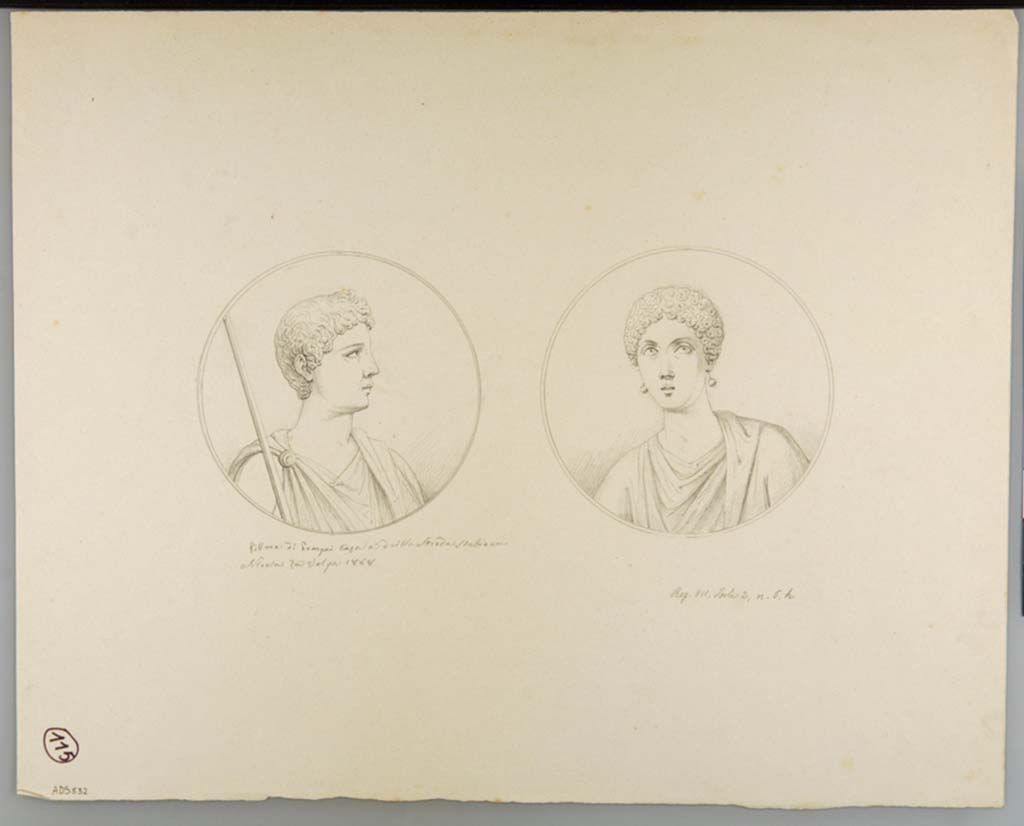 VII.2.6 Pompeii. Drawing by Nicola La Volpe, 1868, of medallions found on a wall in the corridor on the south side of the triclinium.
The medallion on the left with a masculine head (Sogl.635) and the other with a feminine head (Sogl. 634).
These medallions have faded and disappeared.
See Sogliano, A., 1879. Le pitture murali campane scoverte negli anni 1867-79. Napoli: Giannini. (See p.130, no. 635, and no. 634).
Now in Naples Archaeological Museum. Inventory number ADS 532.
Photo  ICCD. http://www.catalogo.beniculturali.it
Utilizzabili alle condizioni della licenza Attribuzione - Non commerciale - Condividi allo stesso modo 2.5 Italia (CC BY-NC-SA 2.5 IT)
