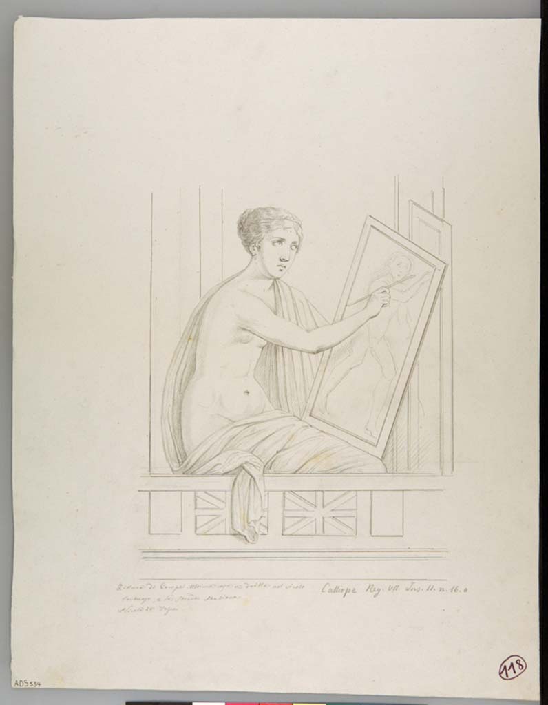 VII.2.16 Pompeii. Drawing by Nicola La Volpe, from the north end of east wall, the Muse Calliope or Clio intent on drawing a Satyr.
Now in Naples Archaeological Museum. Inventory number ADS 534.
Photo  ICCD. http://www.catalogo.beniculturali.it
Utilizzabili alle condizioni della licenza Attribuzione - Non commerciale - Condividi allo stesso modo 2.5 Italia (CC BY-NC-SA 2.5 IT)