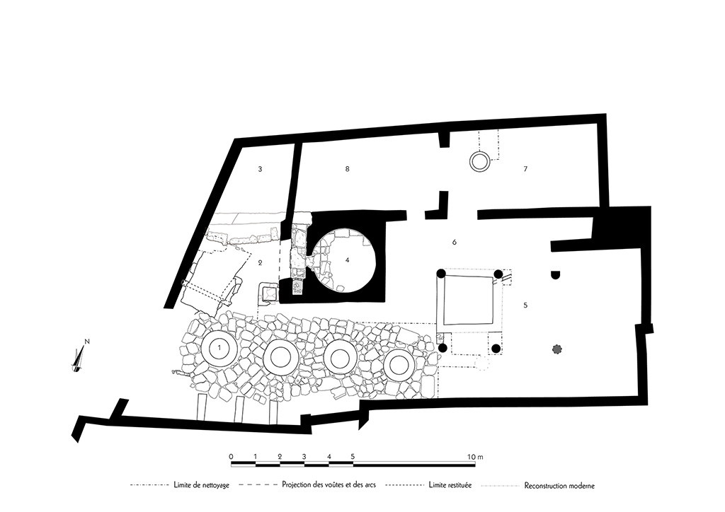 Fig. 32  Pompi, boulangerie VII 2, 22  Relev de lensemble de la boulangerie.
chelle : 1/100.
Relev / dessin : F. Fouriaux / N. Monteix / S. Mencarelli  EFR.
