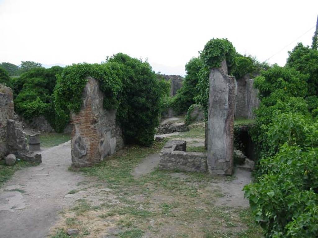 VII.2.23 Pompeii. May 2003. Looking east across atrium towards tablinum, centre, with podium/counter built out from the south wall. Photo courtesy of Nicolas Monteix.
