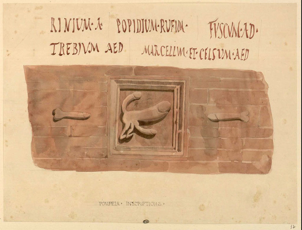 VII.2.31 and VII.2.32 Pompeii. Between 1823 and 1828 sketch by Felix Duban of plaque with phallus, and inscriptions.
See Duban F. Album de dessins d'architecture effectus par Flix Duban pendant son pensionnat  la Villa Medicis, entre 1823 et 1828: Tome 2, Pompi, pl. 37.
INHA Identifiant numrique NUM PC 40425 (2)
https://bibliotheque-numerique.inha.fr/idurl/1/7157   Licence Ouverte / Open Licence  Etalab
