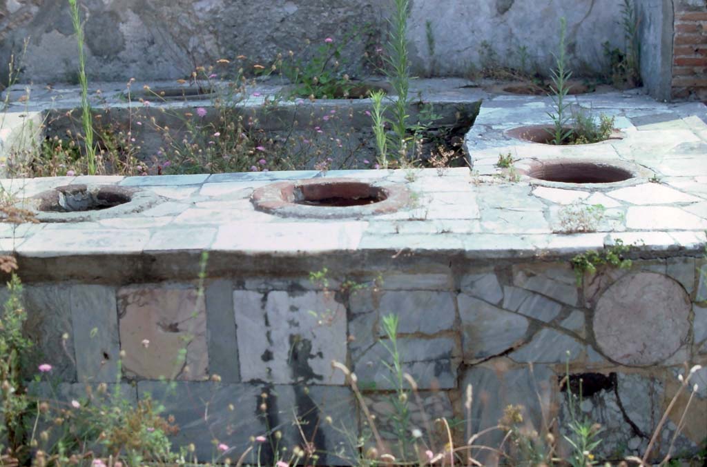 VII.2.32, Pompeii. 1976. Detail of marble clad counter, looking east. Photo courtesy of Rick Bauer, from Dr George Fays slides collection.


