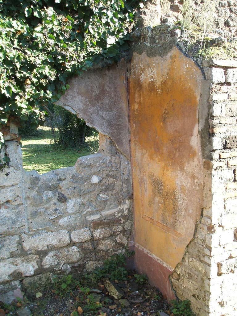 VII.2.38 Pompeii. December 2004. East side of atrium.
Painted plaster on south side of blocked doorway to peristyle of VII.2.20.
