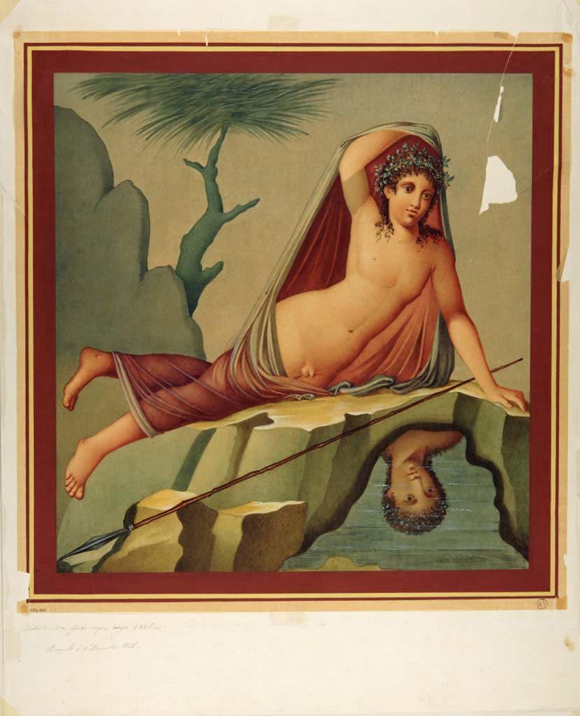 VII.2.45 Pompeii. Painting by Antonio Ala, 1865, reproduction of fresco of Narcissus from north wall of triclinium. 
Now in Naples Archaeological Museum. Inventory number ADS 555.
Photo © ICCD. http://www.catalogo.beniculturali.it
Utilizzabili alle condizioni della licenza Attribuzione - Non commerciale - Condividi allo stesso modo 2.5 Italia (CC BY-NC-SA 2.5 IT)
See Helbig, W., 1868. Wandgemälde der vom Vesuv verschütteten Städte Campaniens. Leipzig: Breitkopf und Härtel, (1349)
