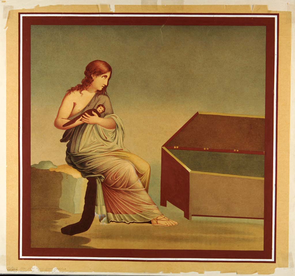 VII.2.45 Pompeii. Painting by Antonio Ala, 1865, reproduction of fresco of Danae and Perseus from south wall of triclinium.
Now in Naples Archaeological Museum. Inventory number ADS 557A.
Photo © ICCD. http://www.catalogo.beniculturali.it
Utilizzabili alle condizioni della licenza Attribuzione - Non commerciale - Condividi allo stesso modo 2.5 Italia (CC BY-NC-SA 2.5 IT)
See Helbig, W., 1868. Wandgemälde der vom Vesuv verschütteten Städte Campaniens. Leipzig: Breitkopf und Härtel, 121.
