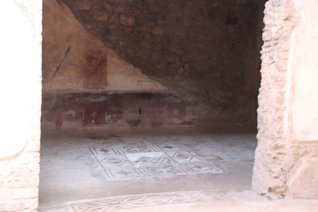 VII.2.45 Pompeii, September 2017. Looking east towards mosaic emblema in centre of flooring of triclinium. 
Photo courtesy of Klaus Heese. 
