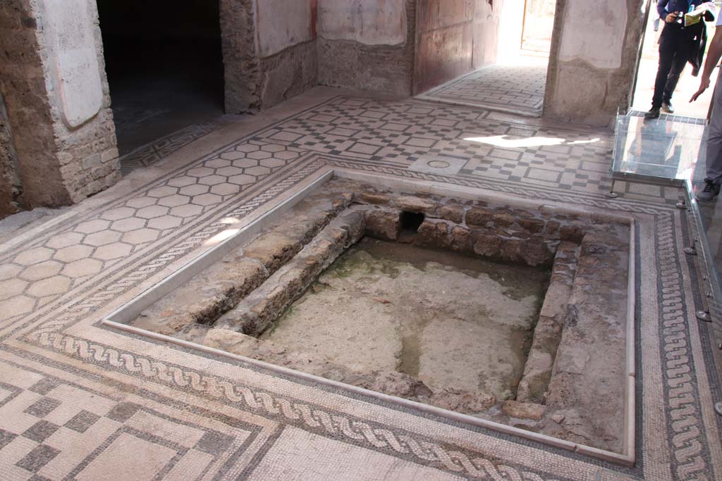 VII.2.45 Pompeii, September 2017. Looking towards south side of atrium, with central doorway to entrance corridor.
The doorway being used now, on the right, leads from VII.2.44. Photo courtesy of Klaus Heese.

