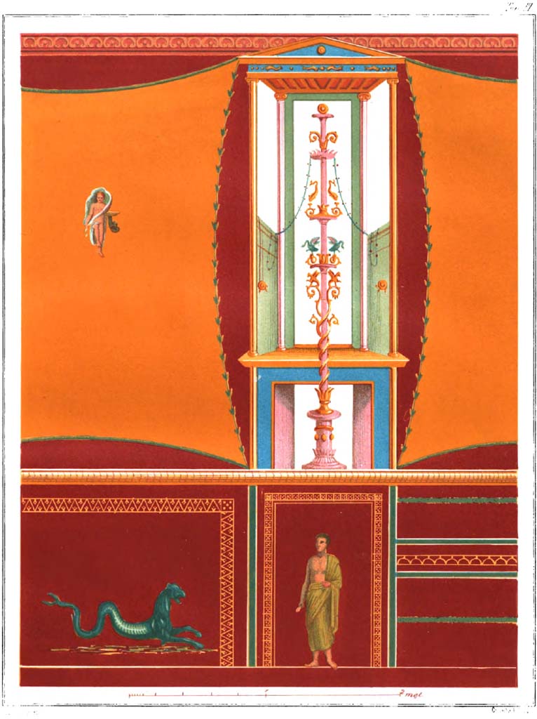 VII.2.45 Pompeii. Chromolithograph by Vittorio Steeger of a wall in the vestibule/entrance corridor.
See Presuhn, E and Steeger, V. Le più belle pareti di Pompei, (p.6-7 and Tav. IV).