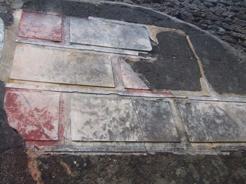 VII.2.51 Pompeii. December 2005. Painted plaster on east wall of entrance corridor.
According to Leach, this painted plaster is the only surviving trace of decoration.
These were a number of red and yellow 1st style blocks in the entranceway.
See Leach, E.W: The Social Life of Painting in Ancient Rome and on the Bay of Naples.
According to PPM, these were red, yellow and green.
